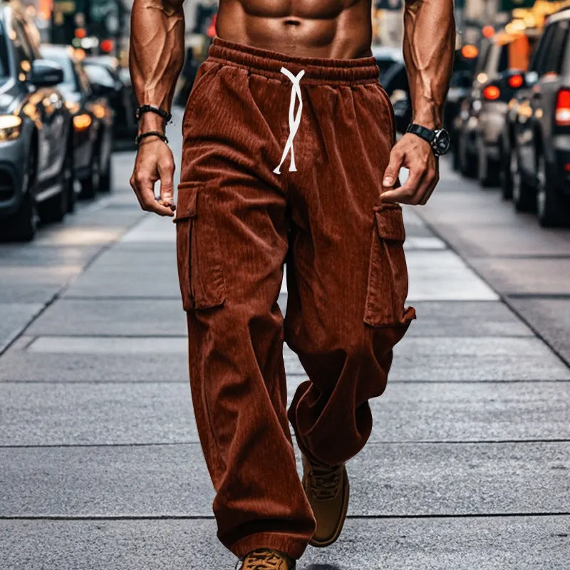Riolio Autumn Corduroy Men's Casual Pants Breathable Wide Leg Multi-Pocket Straight Pants Men