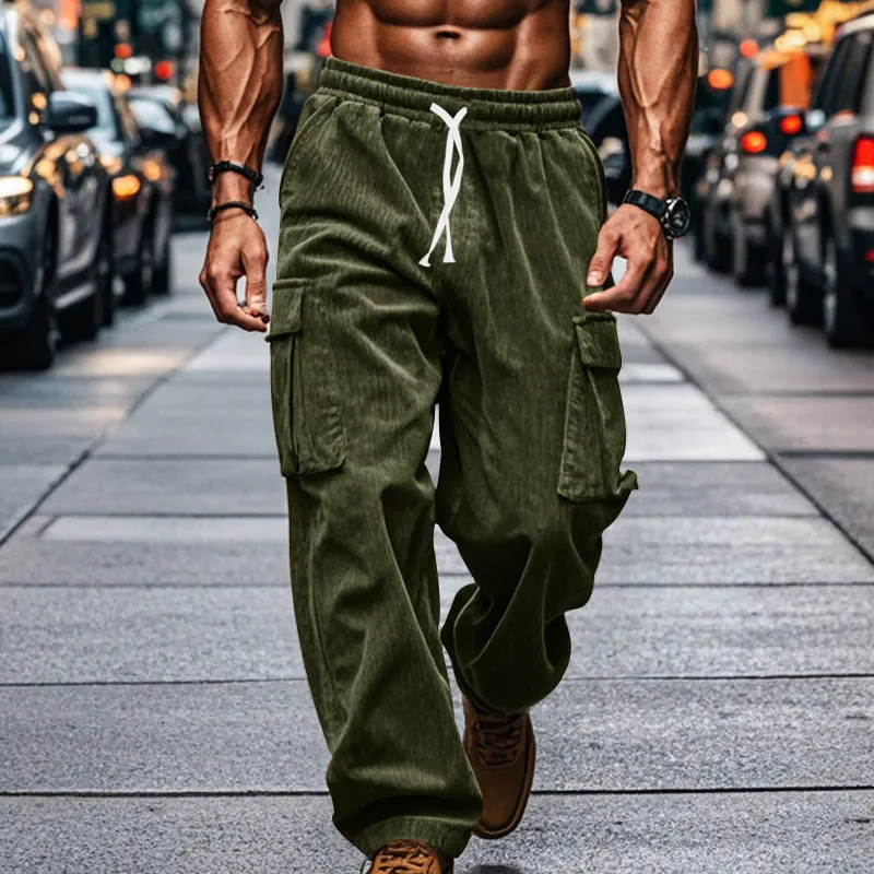 Riolio Autumn Corduroy Men's Casual Pants Breathable Wide Leg Multi-Pocket Straight Pants Men