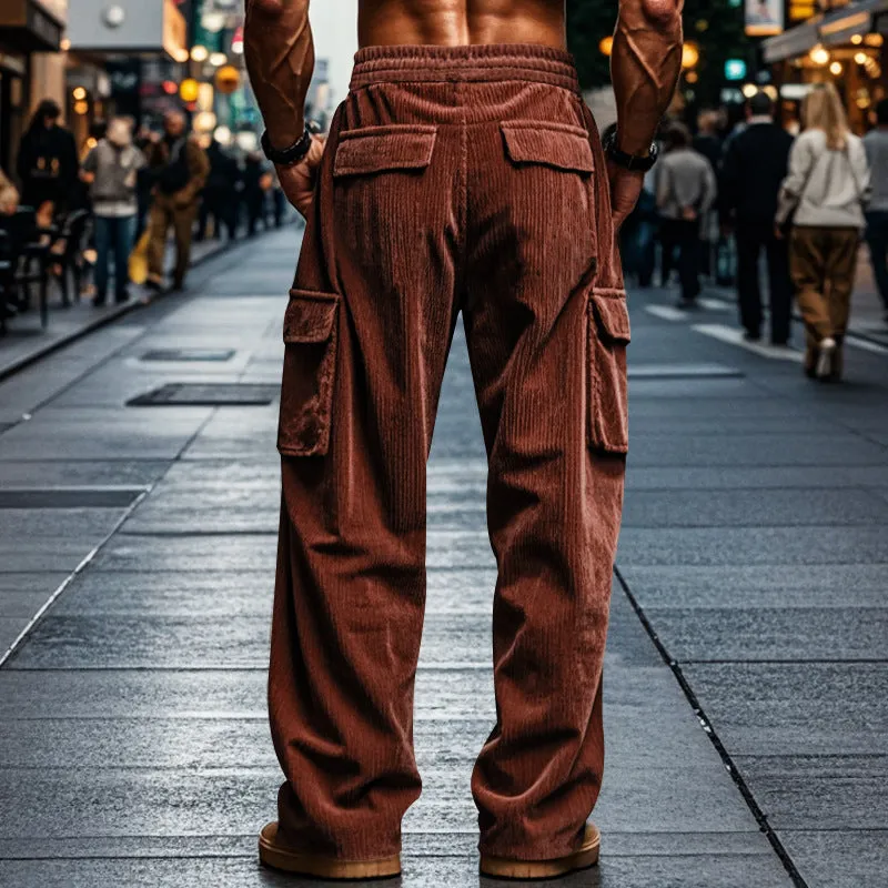 Riolio Autumn Corduroy Men's Casual Pants Breathable Wide Leg Multi-Pocket Straight Pants Men