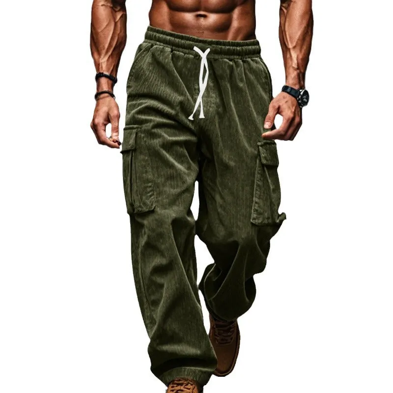 Riolio Autumn Corduroy Men's Casual Pants Breathable Wide Leg Multi-Pocket Straight Pants Men