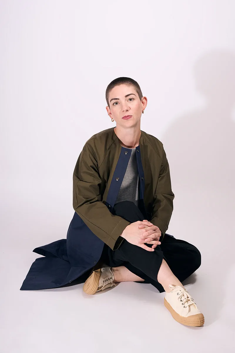 Waxed Cotton Overcoat || Dark Olive & Midnight Blue