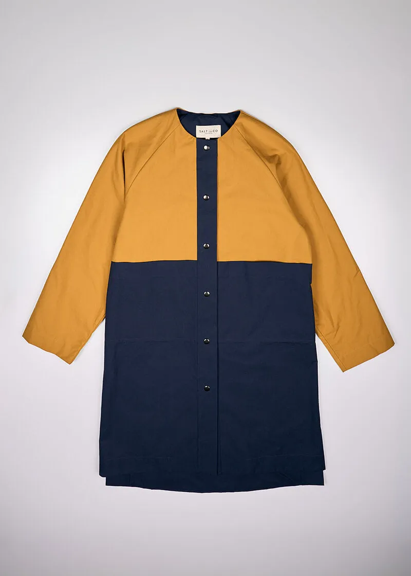 Waxed Cotton Overcoat || Mustard & Midnight Blue